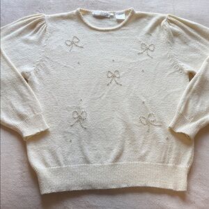 Vintage 90s Eaton Sweater Pearls Bows and Puckered Sleeves Made in Taiwan Large